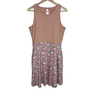 Pact Womens Fit & Flare Organic Cotton Dress Large Orange Stripe Floral Pockets
